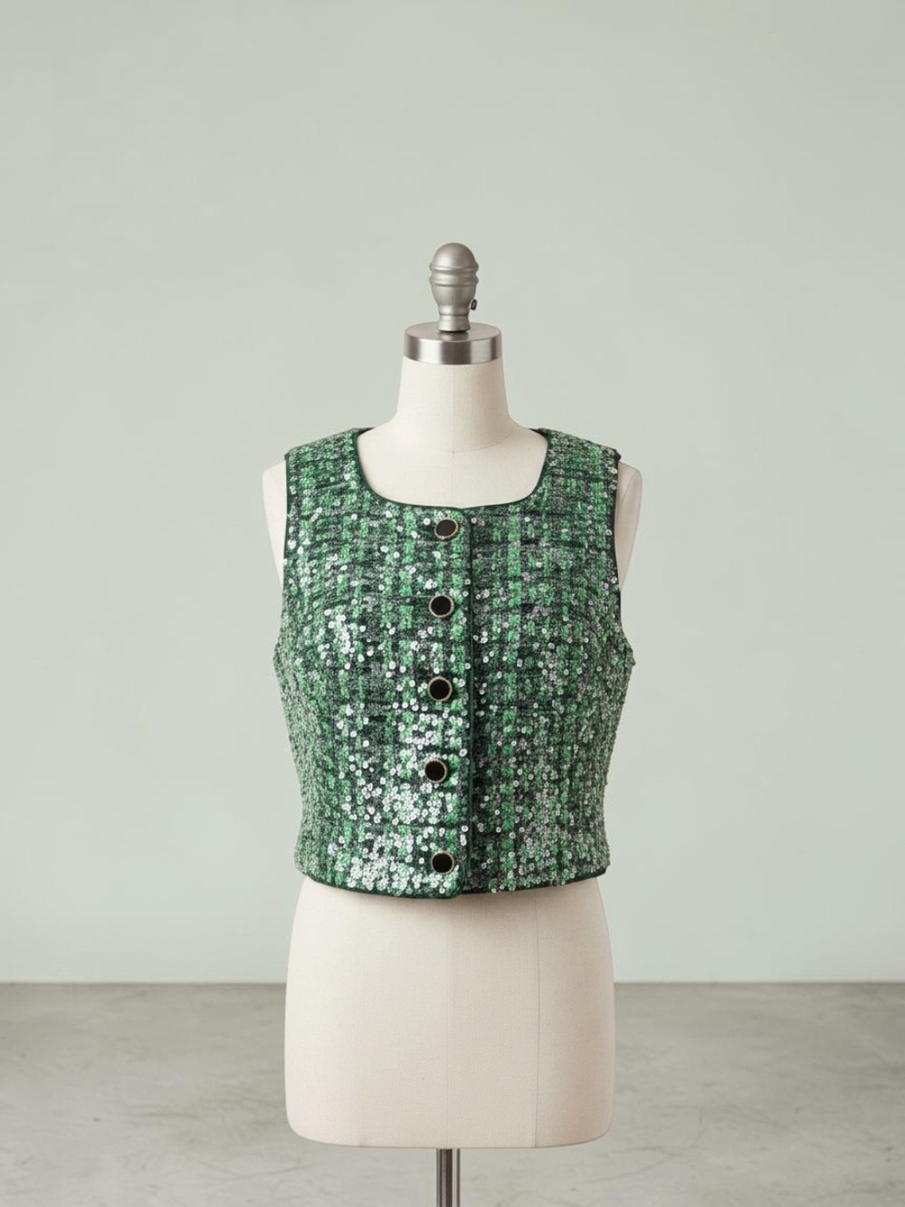 Maeve Green Sequin Tweed Cropped Button Vest